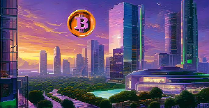 A vibrant cityscape at dusk featuring modern buildings and green spaces, with Bitcoin symbols visible throughout the scene.