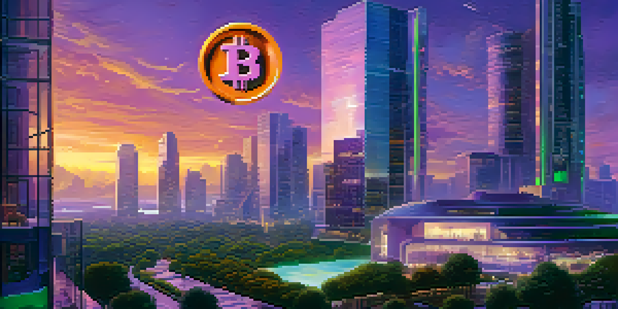A vibrant cityscape at dusk featuring modern buildings and green spaces, with Bitcoin symbols visible throughout the scene.