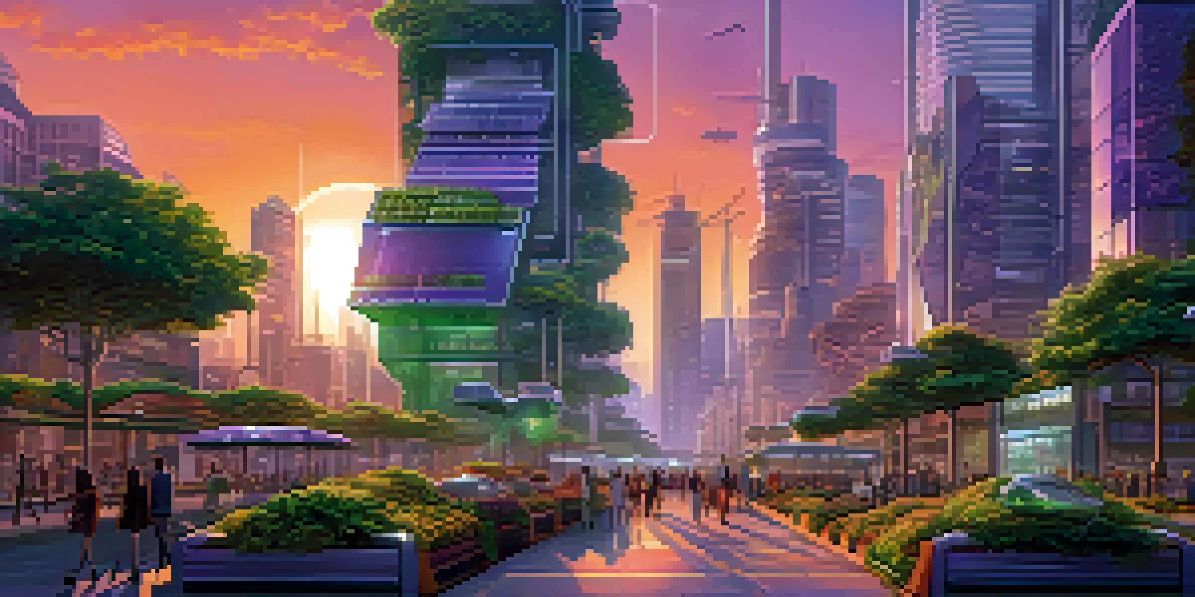 A futuristic city skyline at sunset with green buildings and electric vehicles, highlighting a blend of nature and technology.