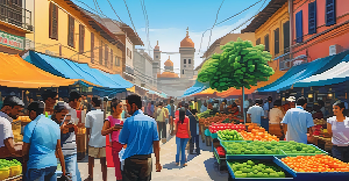 A bustling market scene with people using smartphones to conduct Bitcoin transactions, surrounded by colorful stalls and a bright sky.