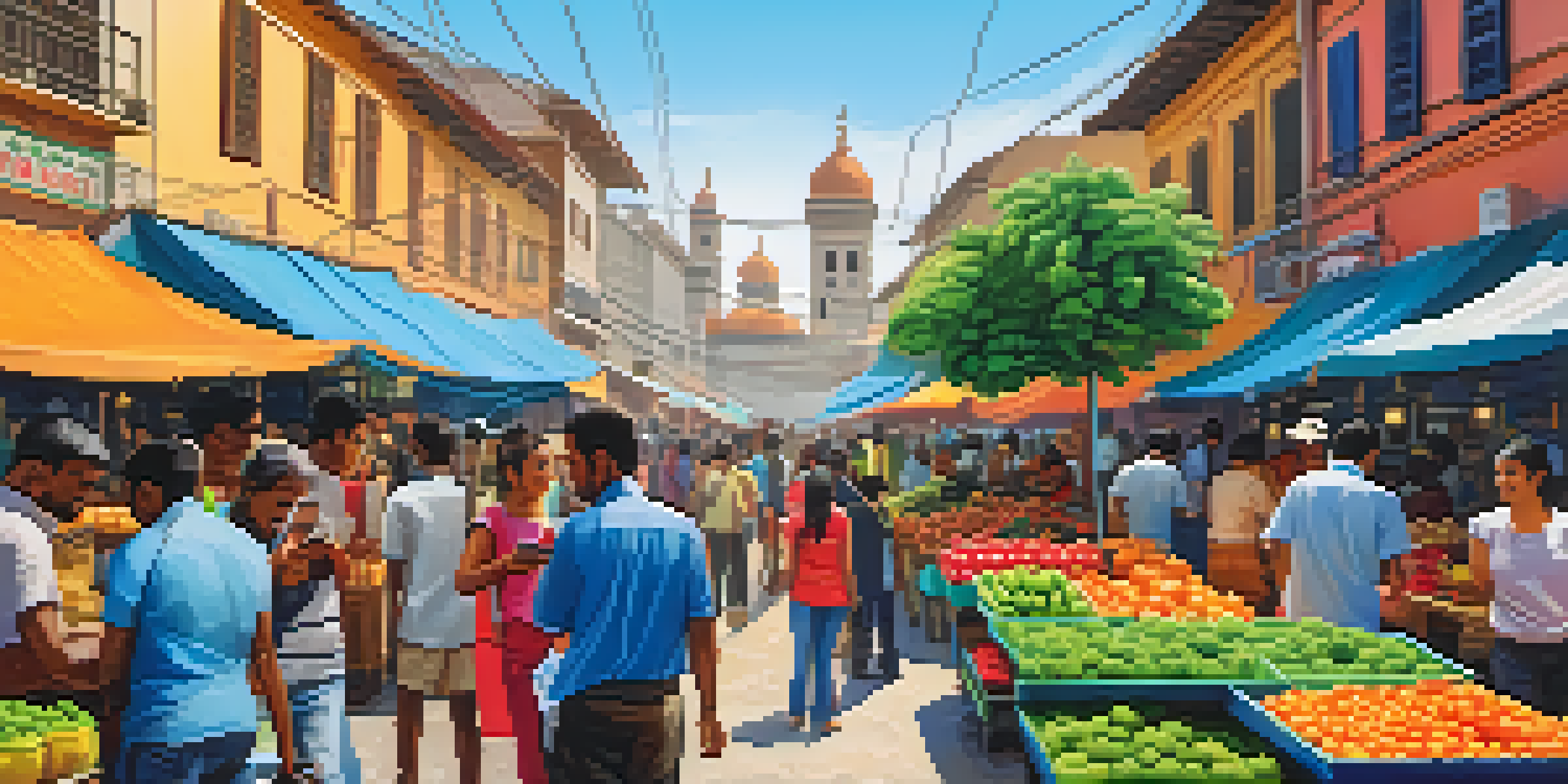 A bustling market scene with people using smartphones to conduct Bitcoin transactions, surrounded by colorful stalls and a bright sky.