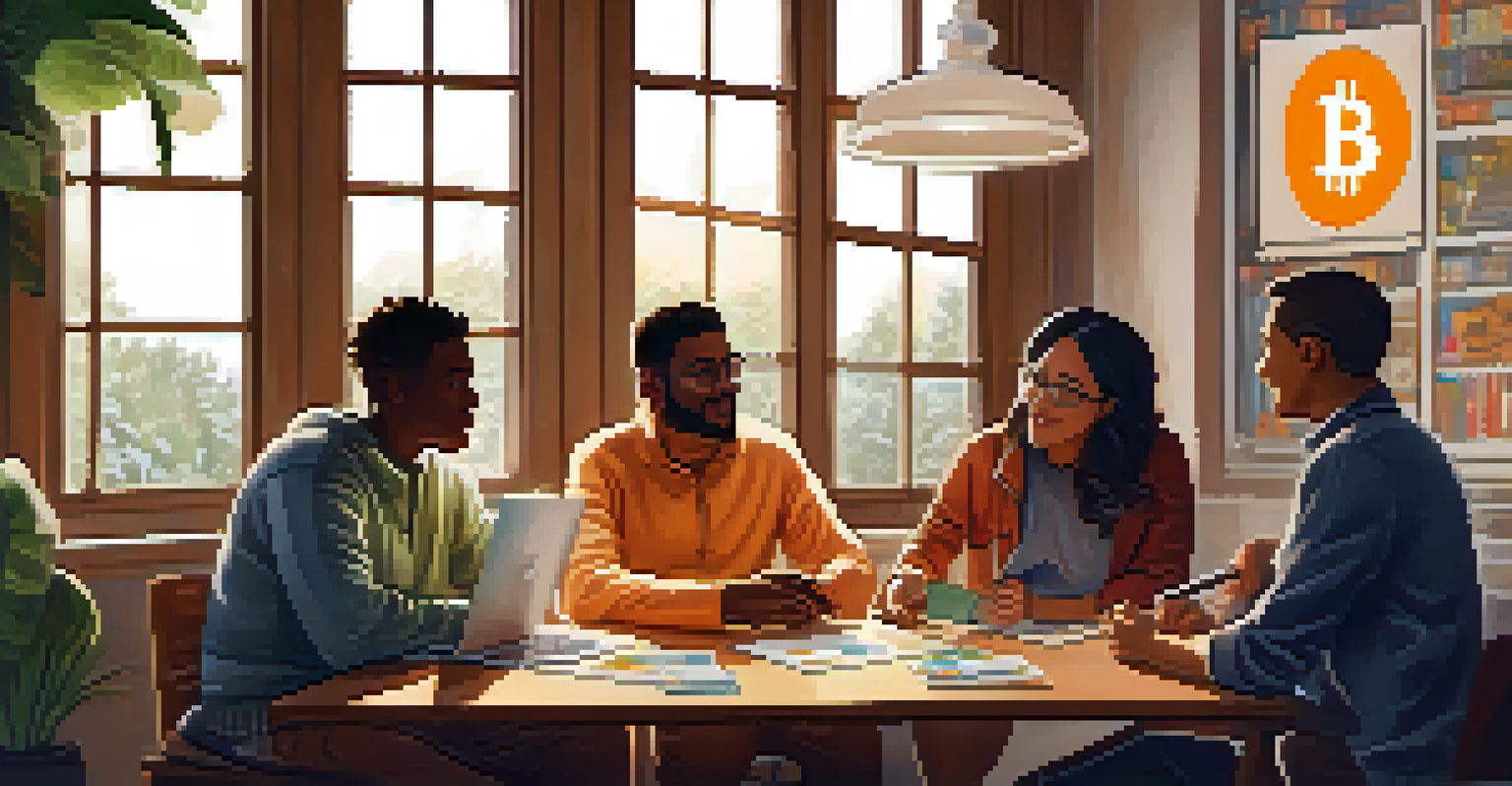 A diverse group of individuals discussing Bitcoin remittances at a table with laptops and mobile devices in a warm, well-lit room.
