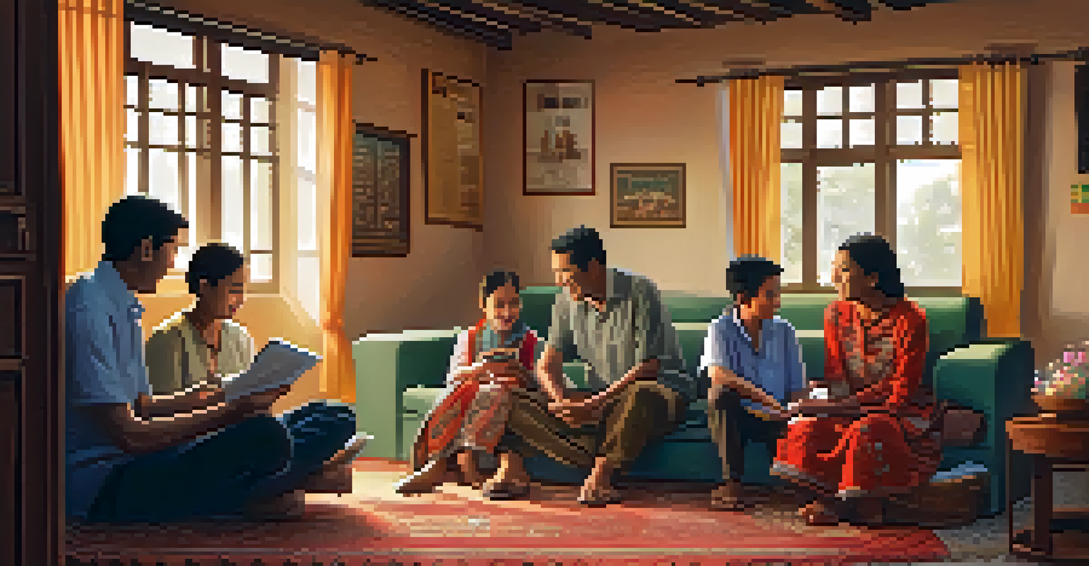 A family in a cozy home celebrating the receipt of a remittance notification on a smartphone, surrounded by personal photos and essential items.