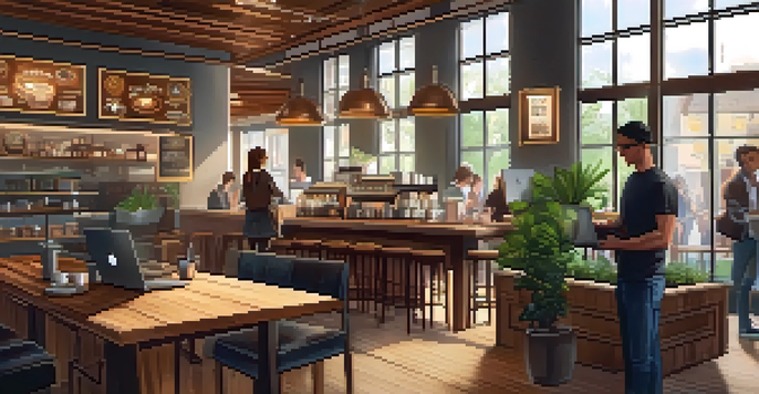 A cozy coffee shop with a laptop displaying a Bitcoin wallet, surrounded by patrons and a barista.