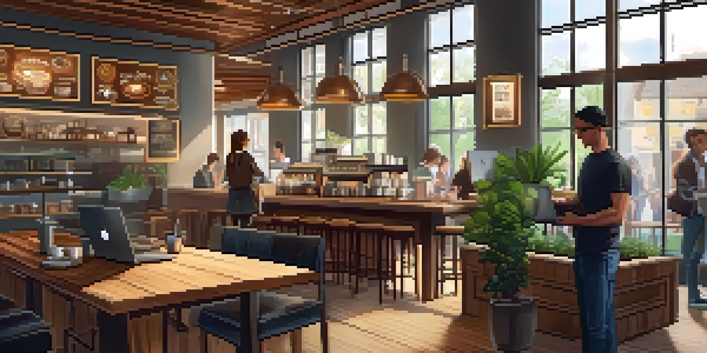 A cozy coffee shop with a laptop displaying a Bitcoin wallet, surrounded by patrons and a barista.