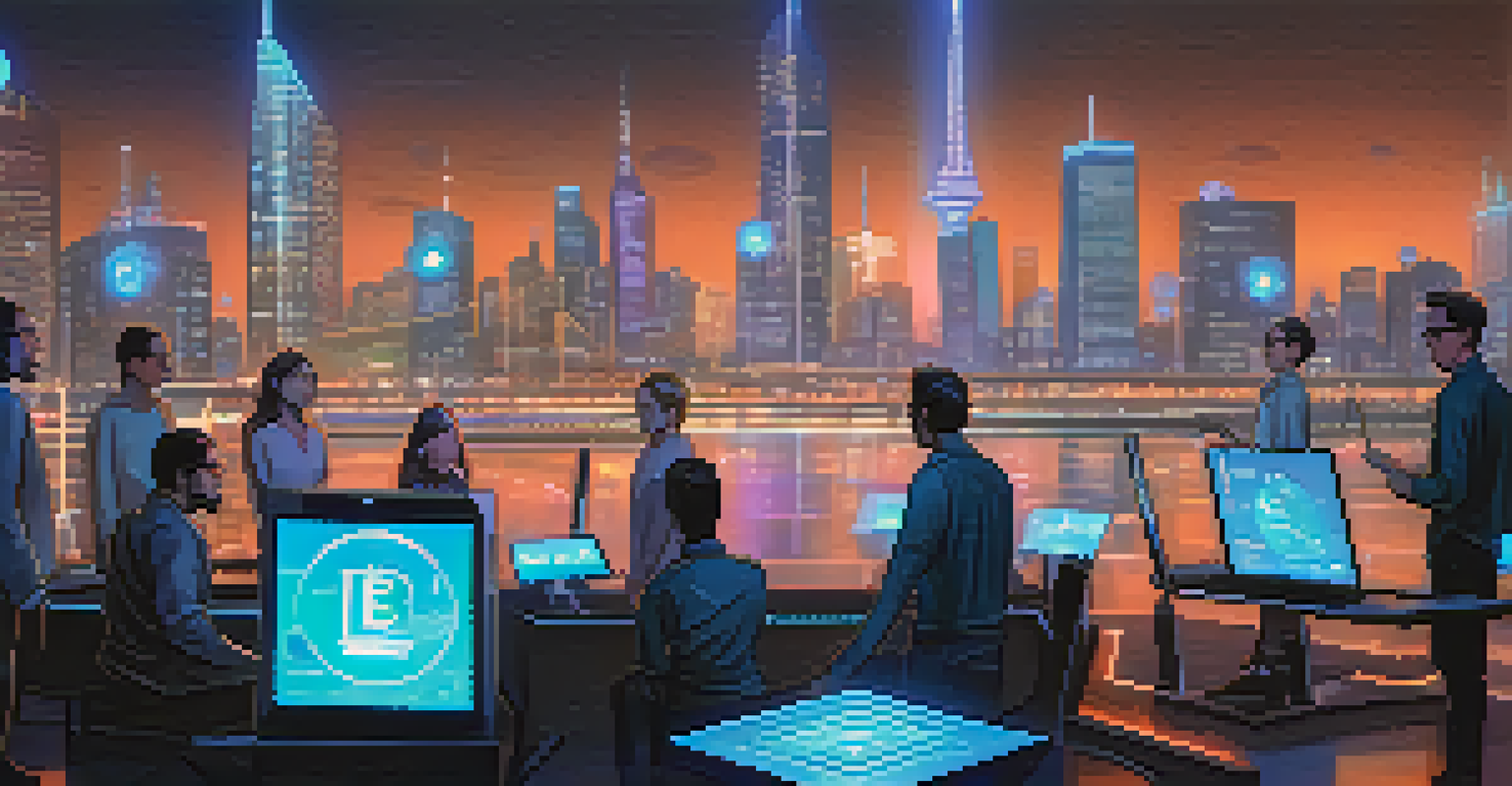 A diverse group of individuals interacting with holographic displays representing a decentralized autonomous organization.