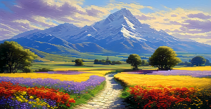 A peaceful landscape with a cobblestone path leading through a field of colorful wildflowers towards distant mountains under a blue sky.