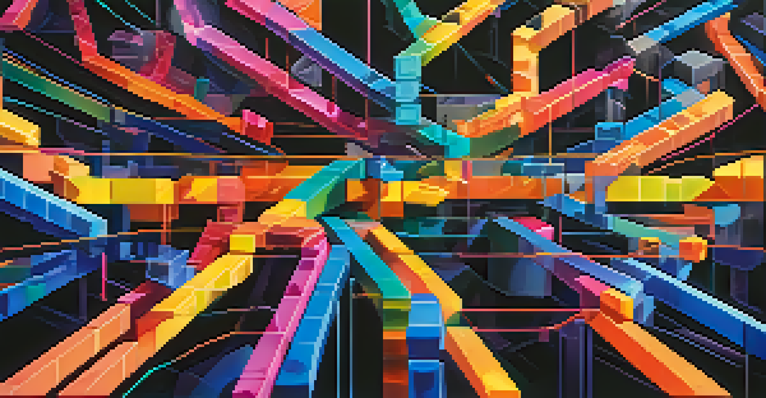 An abstract artwork of colorful interconnected blockchain chains with various cryptocurrency logos, set against a dark gradient background.