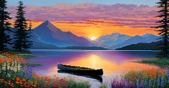 A peaceful sunset scene over a calm lake with mountains in the background, wildflowers in the foreground, and a canoe floating on the water.