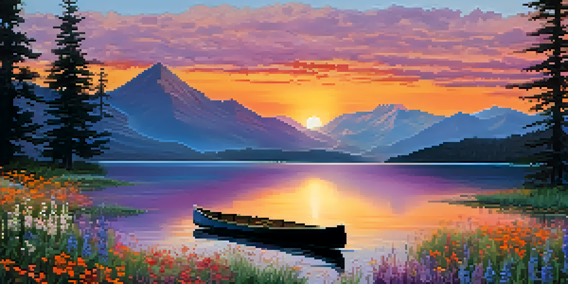 A peaceful sunset scene over a calm lake with mountains in the background, wildflowers in the foreground, and a canoe floating on the water.