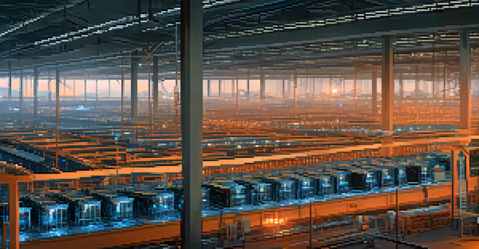 A panoramic view of a large cryptocurrency mining farm with illuminated rigs and a dusky sky.