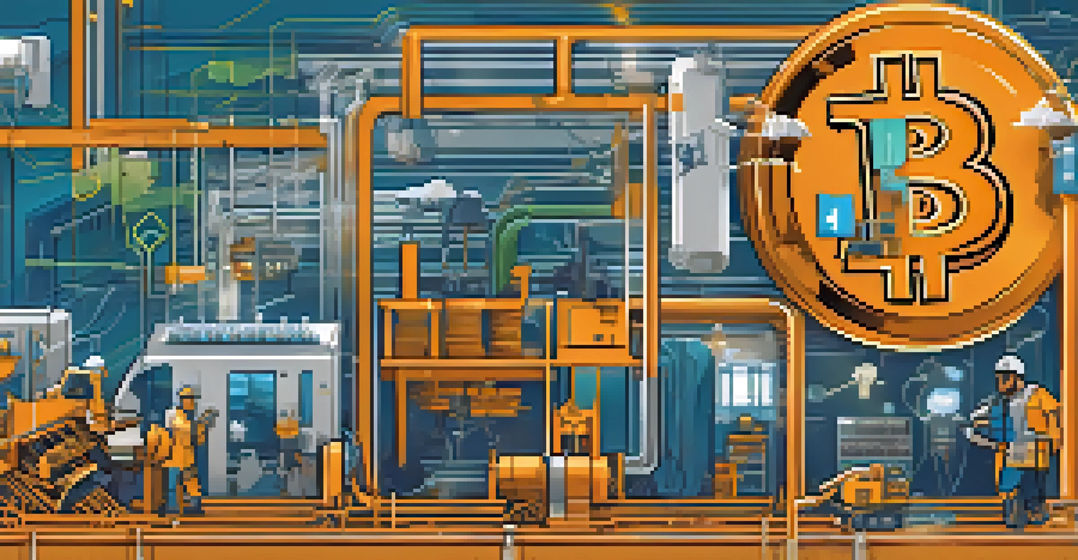 An infographic illustrating diverse miners collaborating in Bitcoin mining, highlighting decentralization.