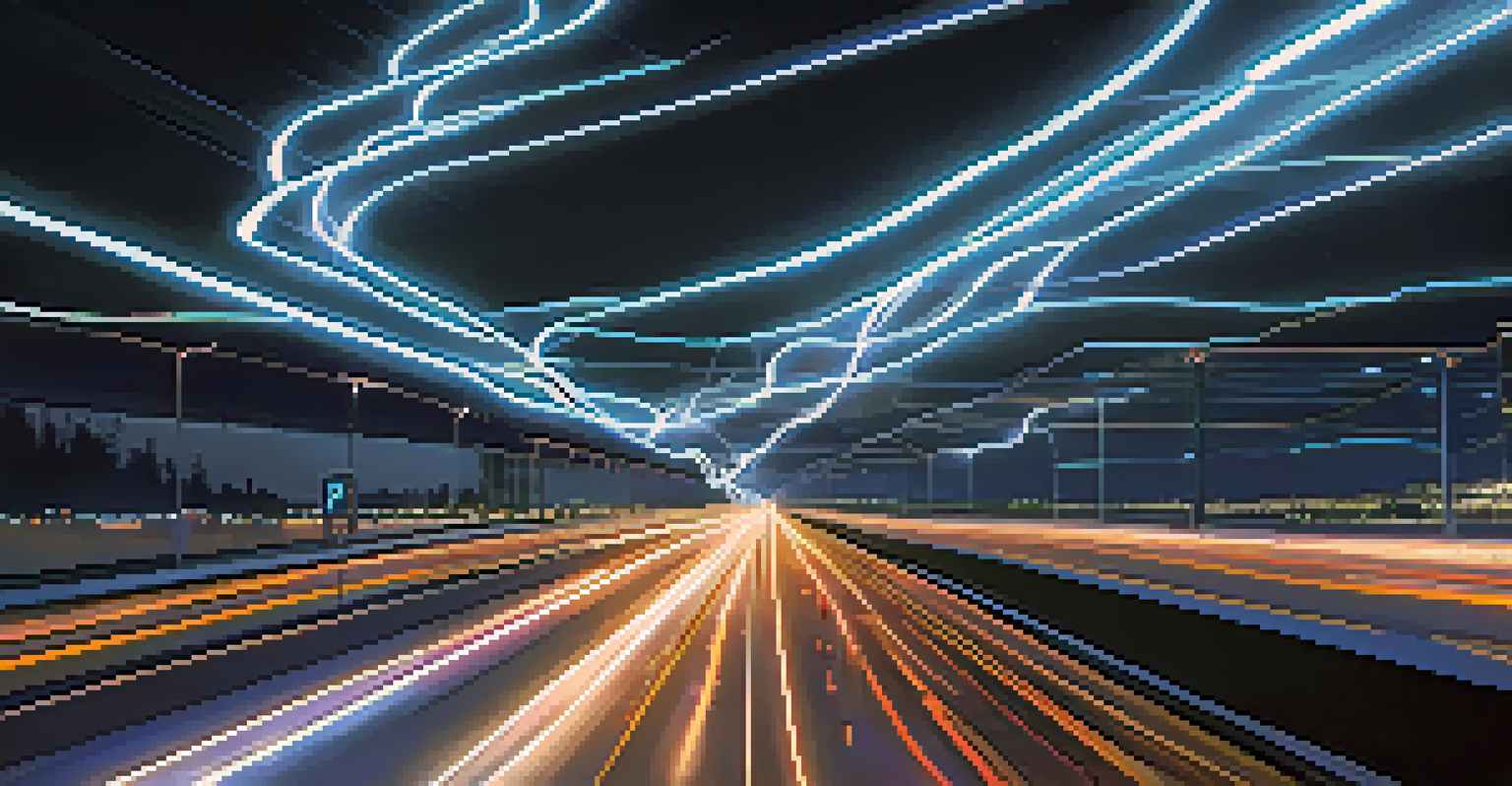 A sleek, futuristic private highway representing the Lightning Network with illuminated vehicles symbolizing Bitcoin transactions.