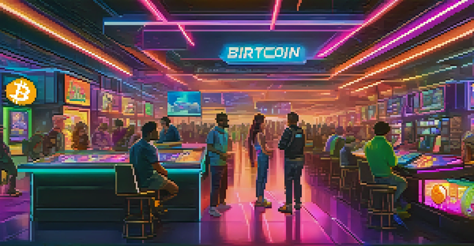 A futuristic gaming marketplace with players using Bitcoin for transactions, featuring colorful digital avatars and glowing cryptocurrency symbols.