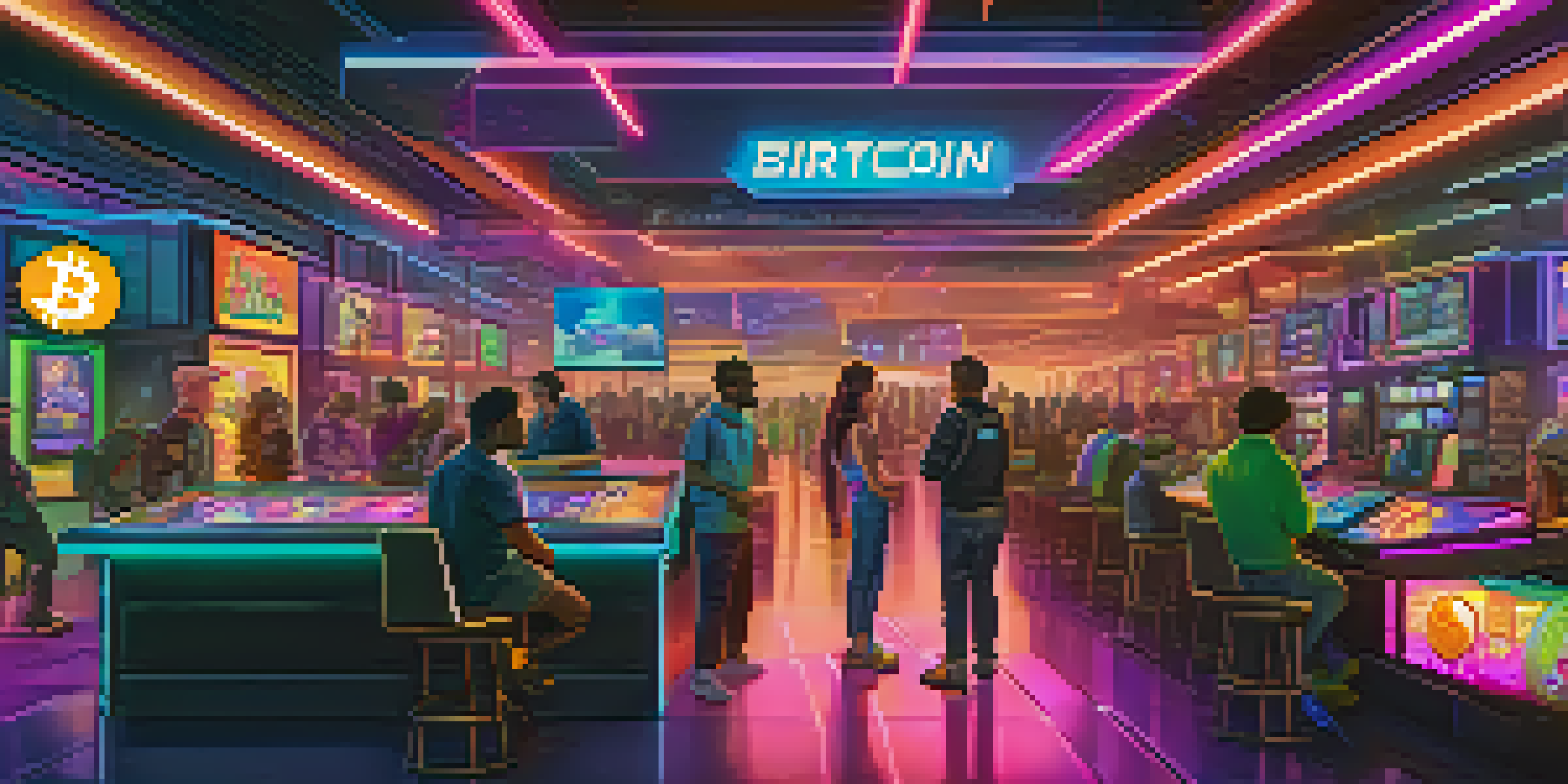 A futuristic gaming marketplace with players using Bitcoin for transactions, featuring colorful digital avatars and glowing cryptocurrency symbols.