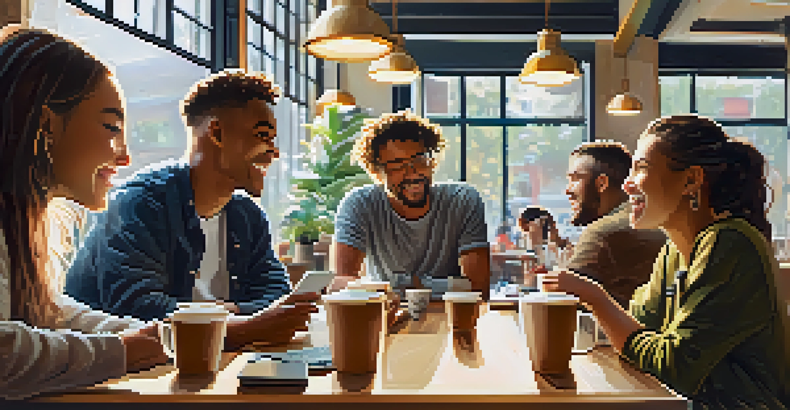 A group of young adults discussing cryptocurrencies in a coffee shop, with laptops and coffee cups on the table.