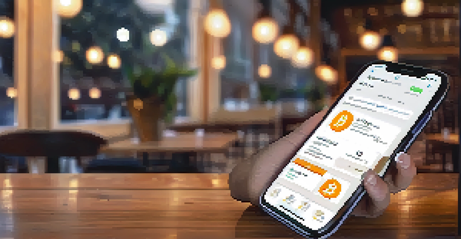 A person is holding a smartphone showing a Bitcoin wallet in a cozy coffee shop setting.