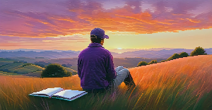 A person sitting on a grassy hill watching a colorful sunset, holding a notebook.