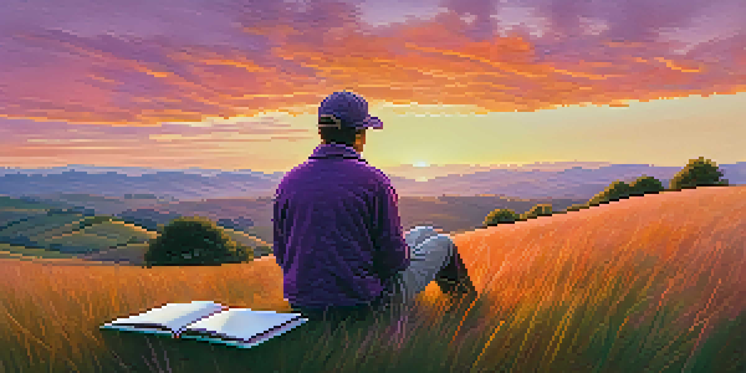 A person sitting on a grassy hill watching a colorful sunset, holding a notebook.