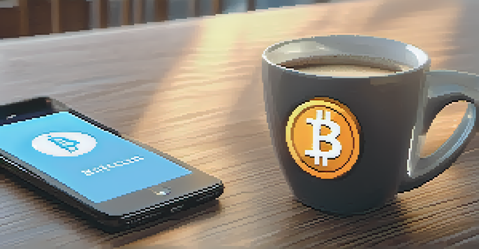 A smartphone showing a mobile payment app with a Bitcoin symbol, on a wooden table with coffee cups and a wallet card, illuminated by soft natural light.