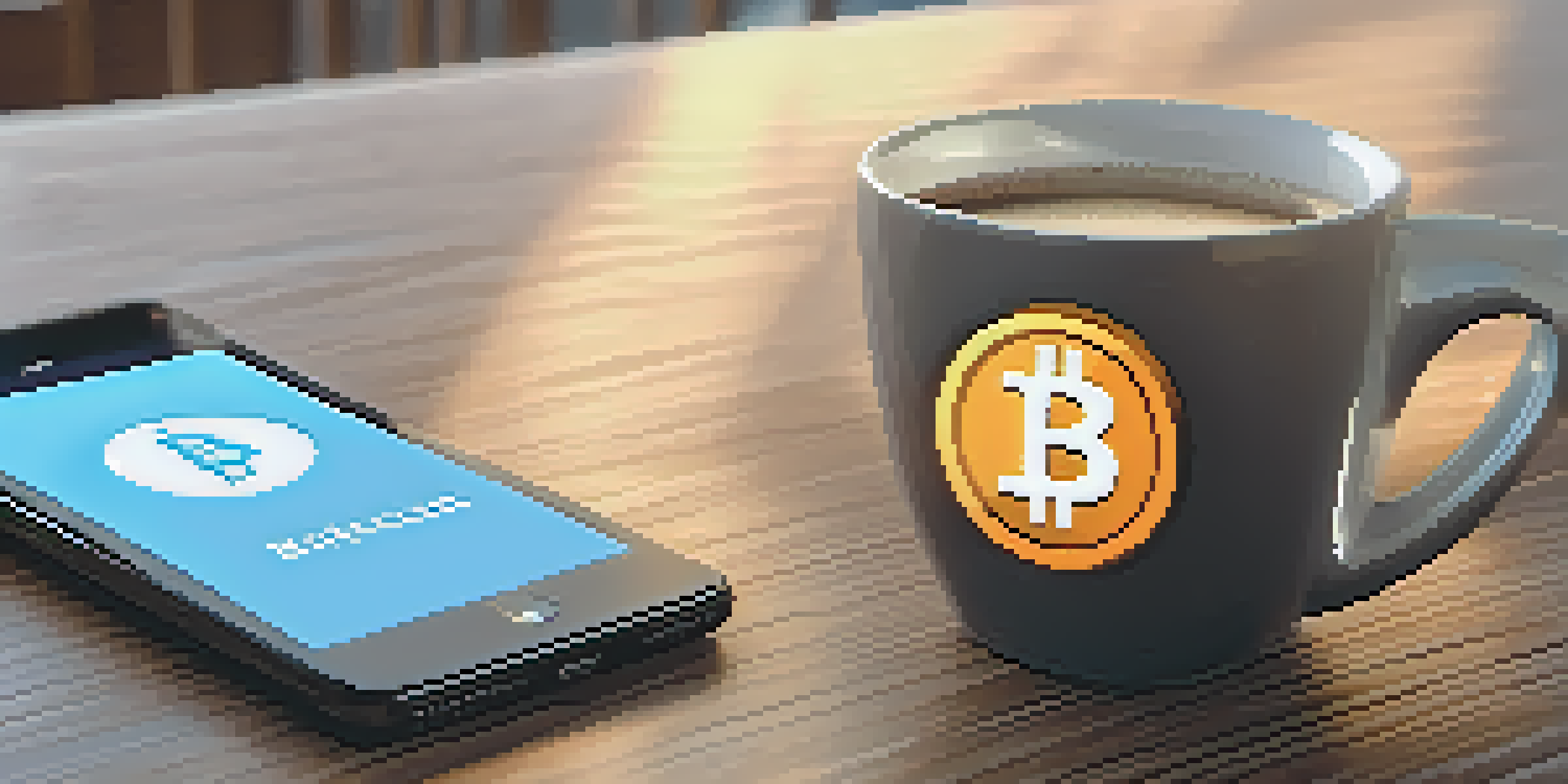 A smartphone showing a mobile payment app with a Bitcoin symbol, on a wooden table with coffee cups and a wallet card, illuminated by soft natural light.