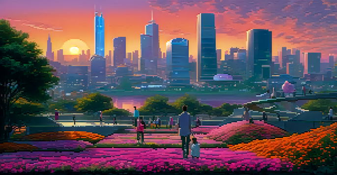 A vibrant futuristic city skyline at sunset with modern architecture and lush greenery in the foreground.