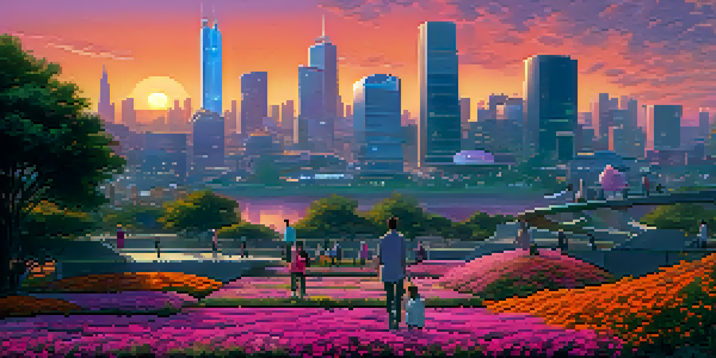 A vibrant futuristic city skyline at sunset with modern architecture and lush greenery in the foreground.