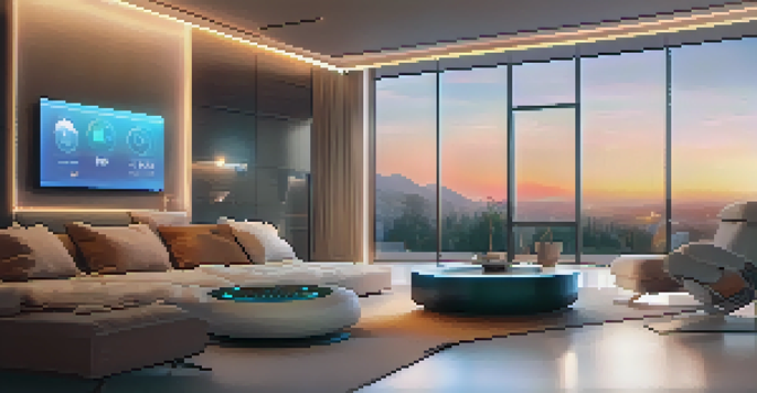 A modern smart home interior featuring interconnected IoT devices like a thermostat and smart lights under warm lighting.