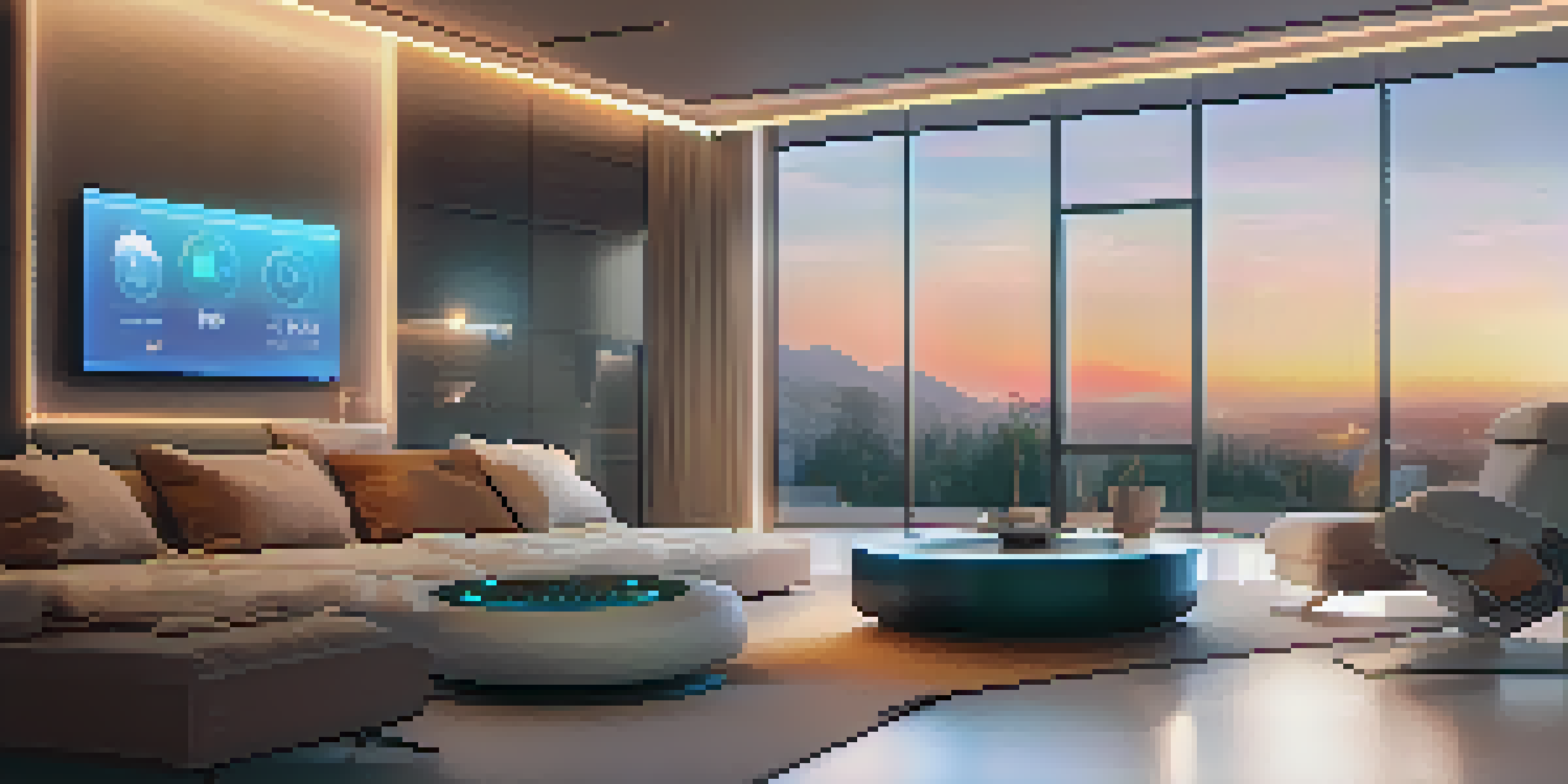 A modern smart home interior featuring interconnected IoT devices like a thermostat and smart lights under warm lighting.