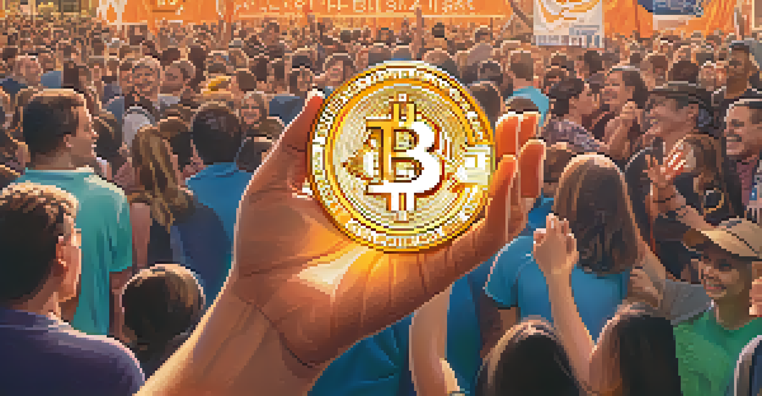A hand holding a Bitcoin coin in front of a charity event with smiling volunteers.
