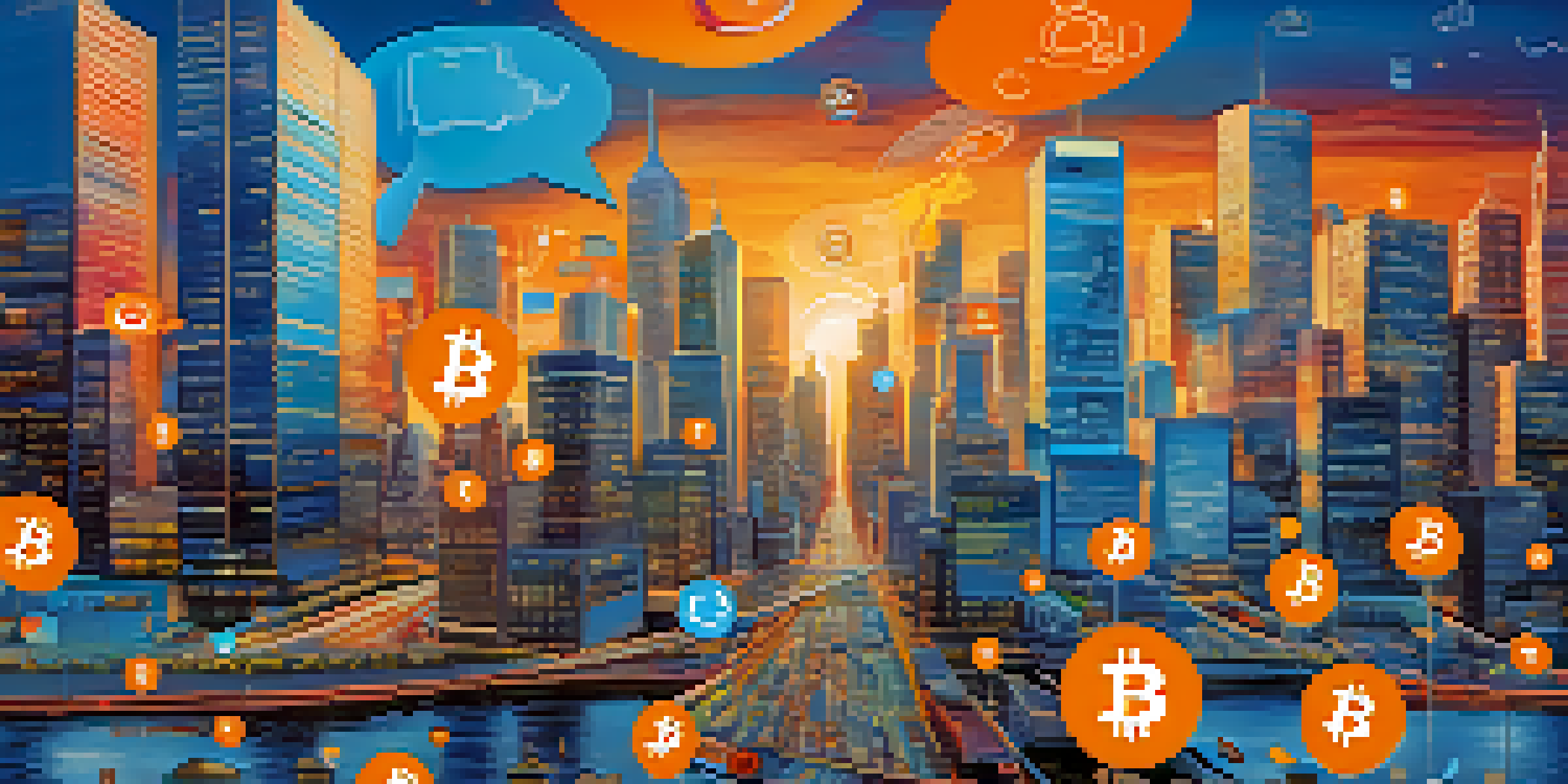 A lively social media feed filled with Bitcoin posts, charts, and memes against a blurred city background.