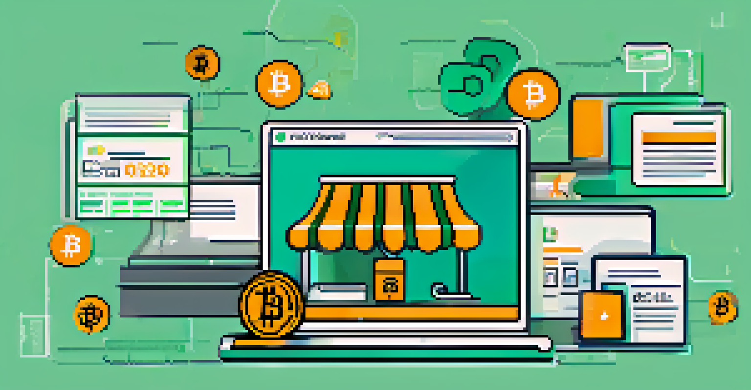An infographic illustrating best practices for accepting Bitcoin in e-commerce, featuring icons and text in blue and green colors.