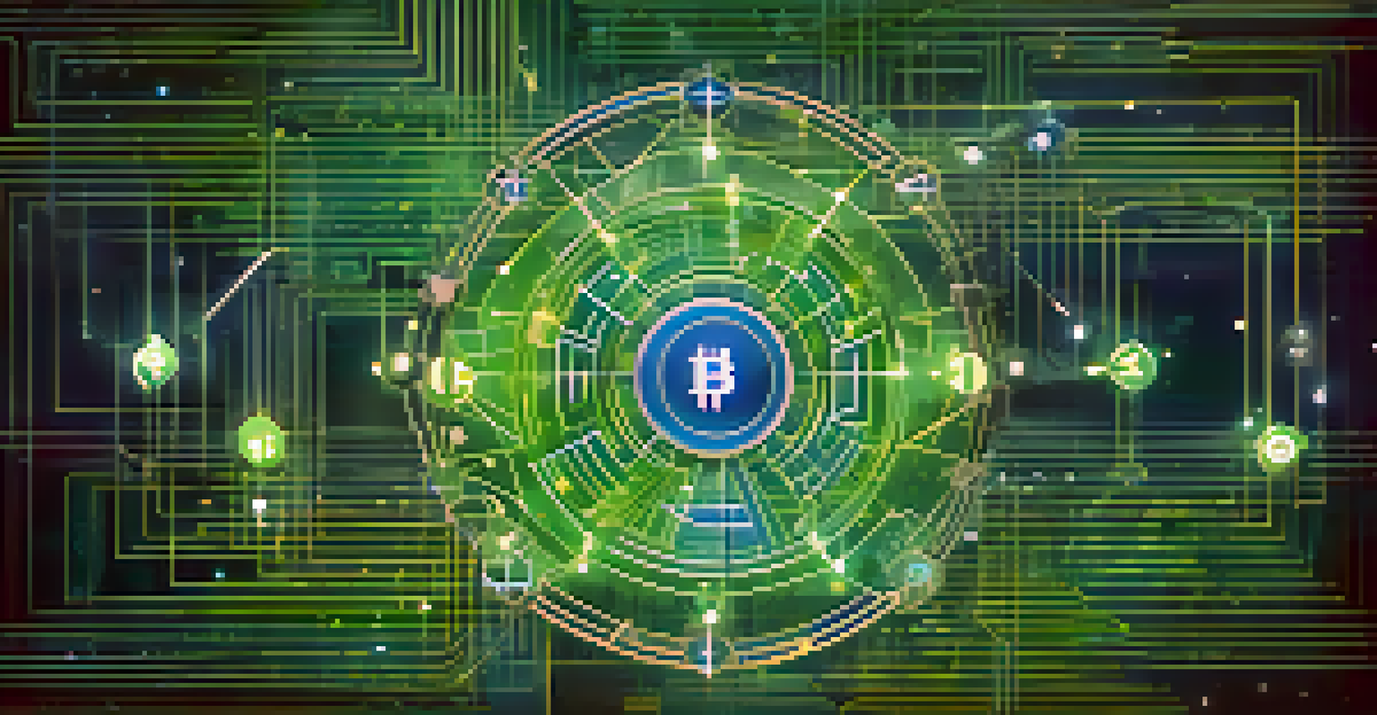 An abstract network of interconnected nodes symbolizing blockchain technology, with Bitcoin icons in a futuristic setting.