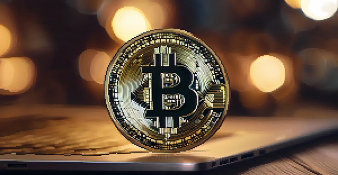 A close-up of a Bitcoin coin on a wooden table with a blurred laptop in the background showing blockchain data.
