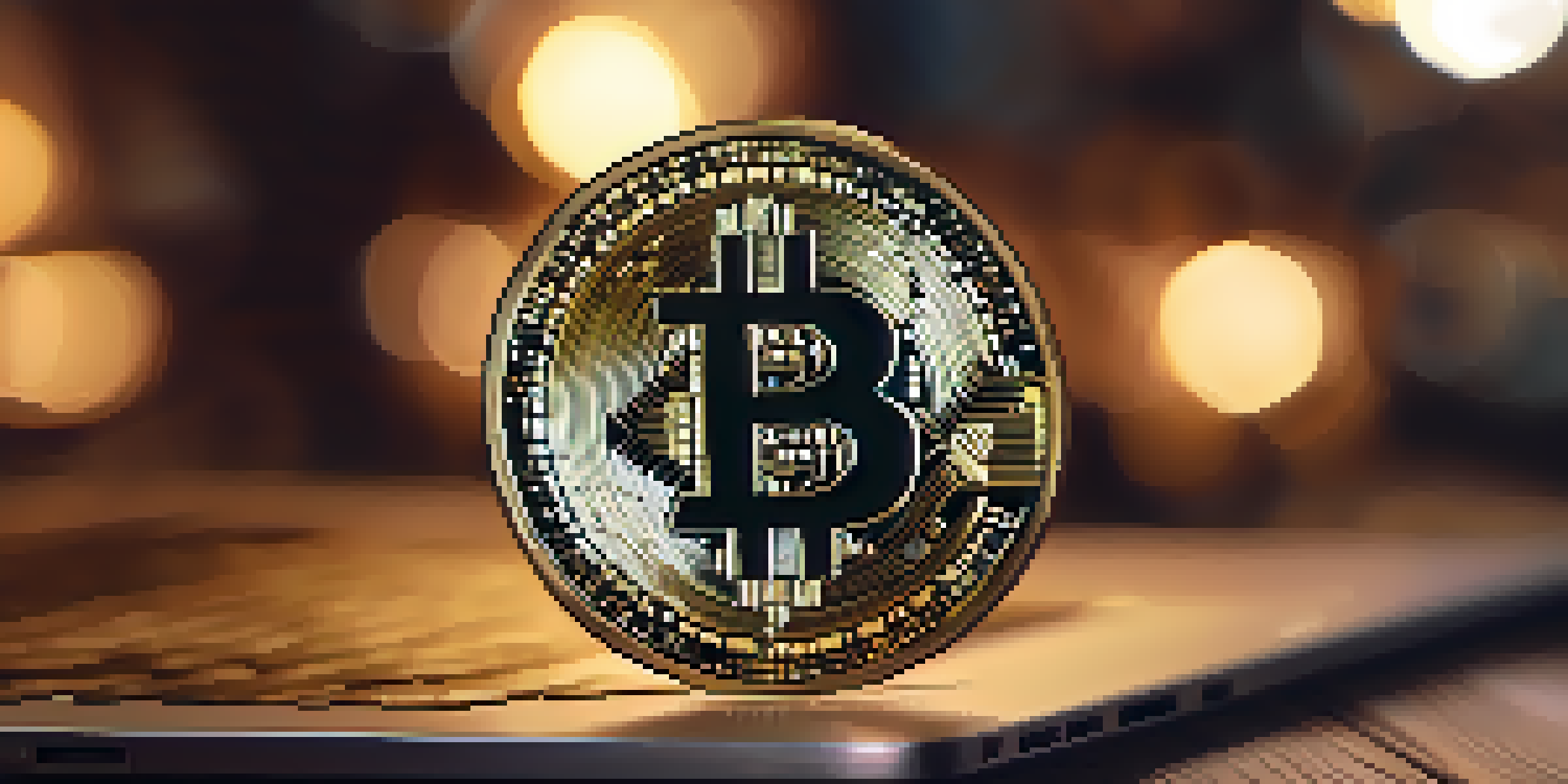 A close-up of a Bitcoin coin on a wooden table with a blurred laptop in the background showing blockchain data.