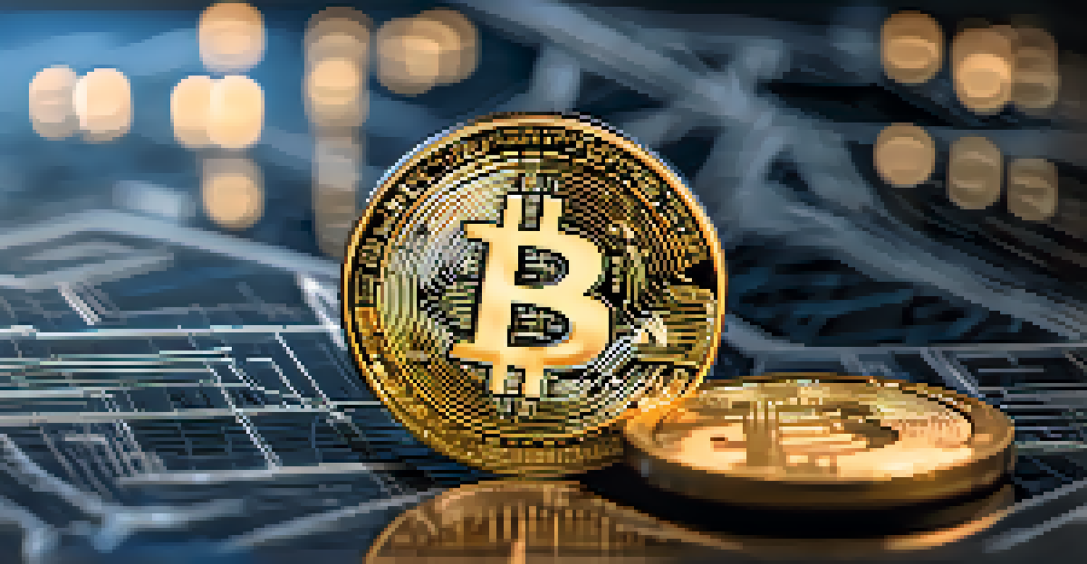 A close-up of a physical Bitcoin coin on a reflective surface, with detailed engravings and financial charts blurred in the background.