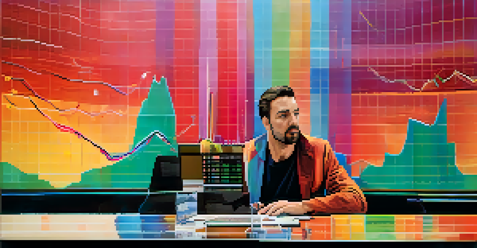 A split image of a trader showing anxiety with falling graphs on one side and confidence with rising graphs on the other, depicted in vibrant colors.