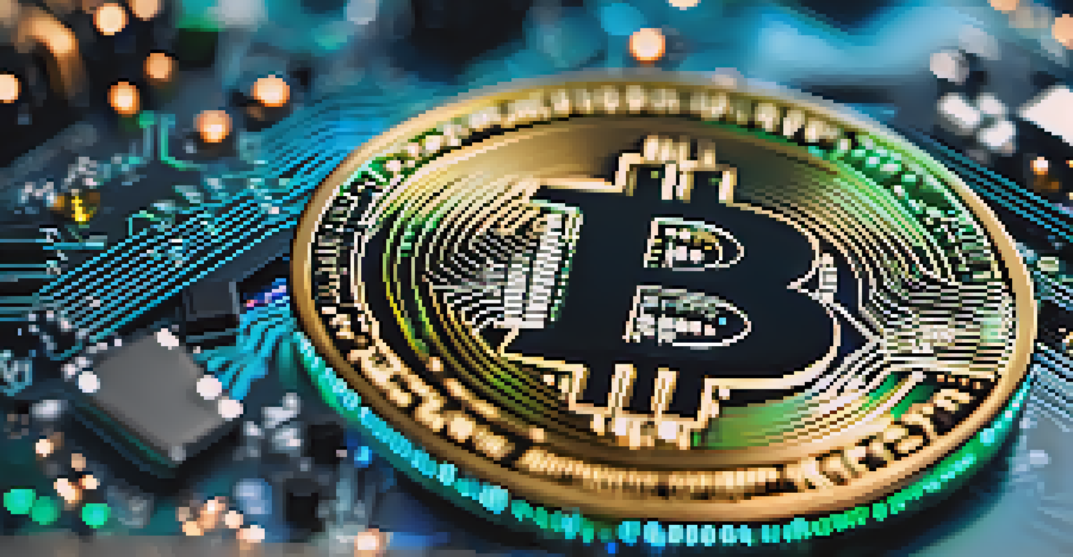 A close-up of a Bitcoin coin on a circuit board, illuminated by blue and green lights, representing its technological foundation.