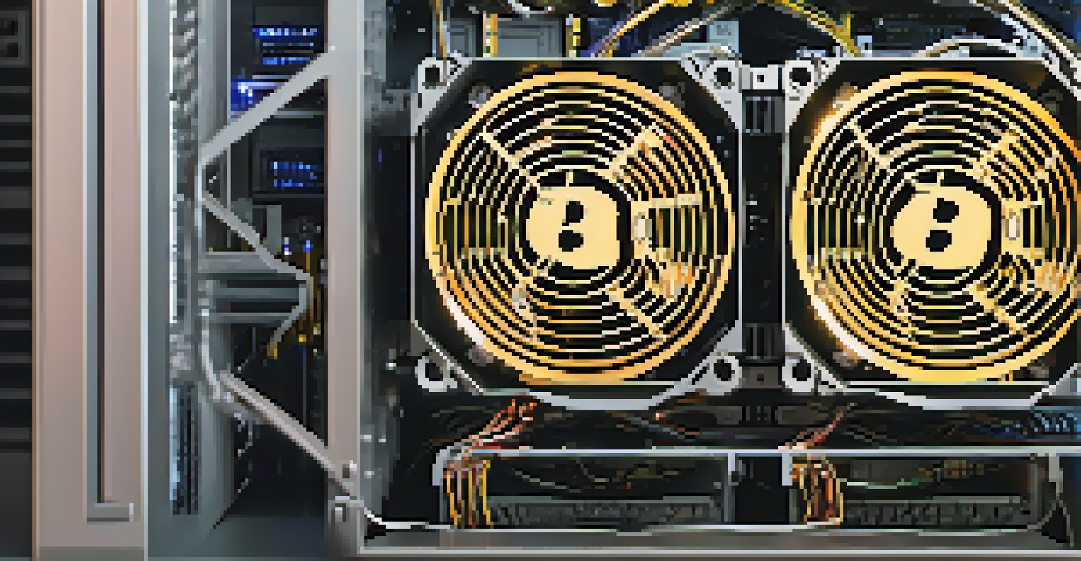 A close-up view of an energy-efficient Bitcoin mining rig with LED lighting, showing hardware details and a digital interface in the background.