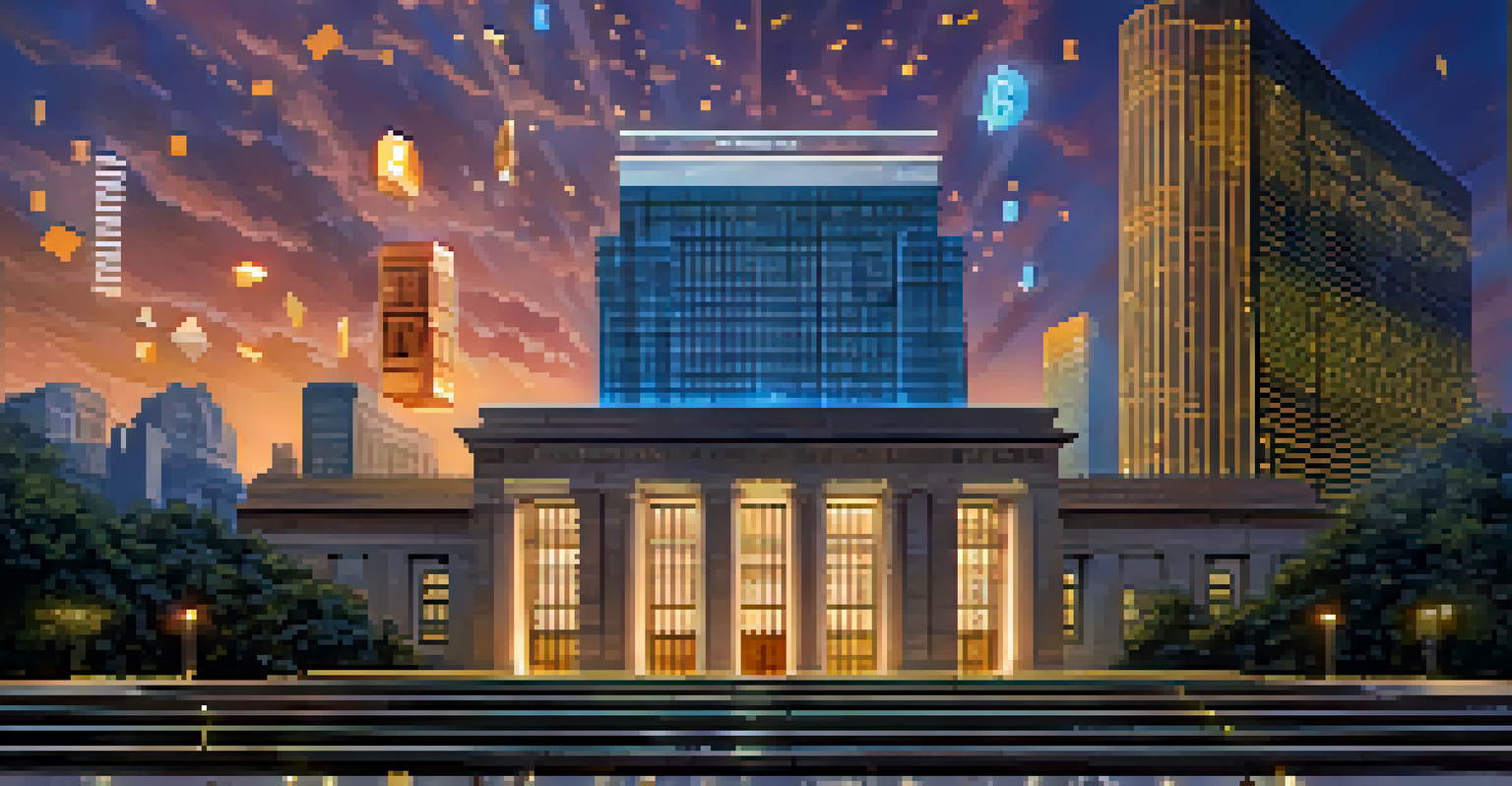 A central bank building with digital currency symbols and blockchain graphics, illuminated at dusk.