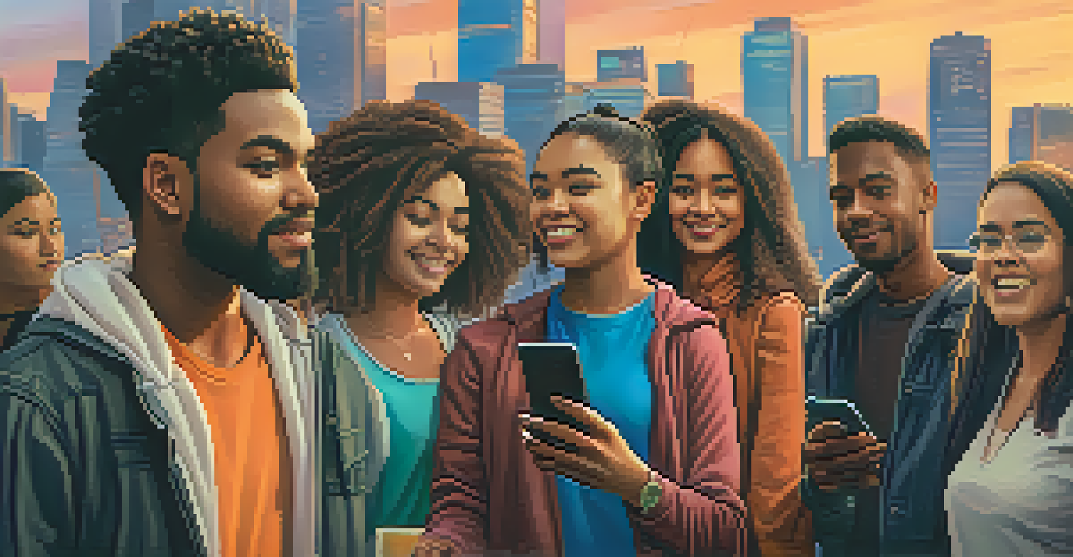 A diverse group of people using smartphones for identity verification in a vibrant urban setting.