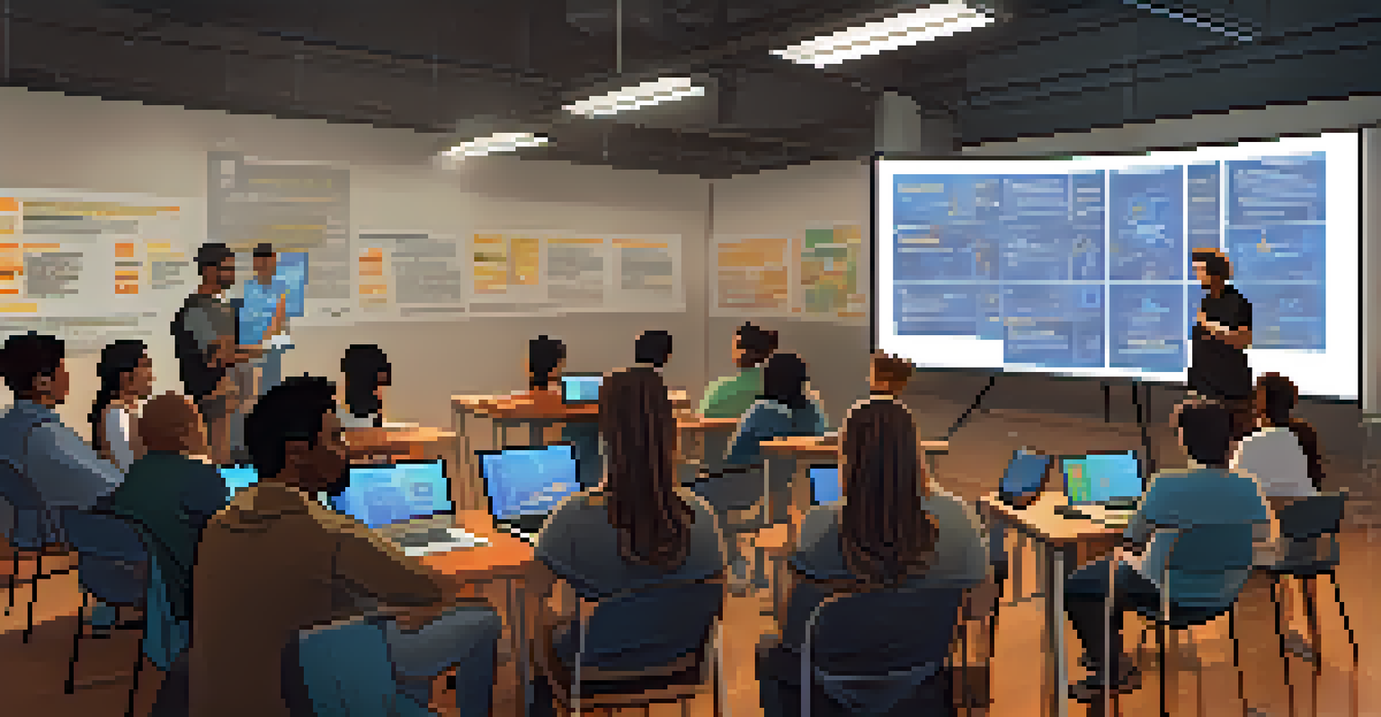A community workshop with diverse individuals learning about Bitcoin, featuring a projector and educational materials on the walls.