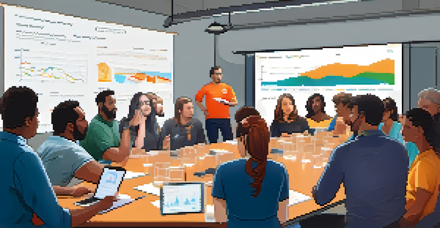 A group of diverse individuals in an educational workshop, focused on a presenter discussing Bitcoin, with charts displayed on a screen.