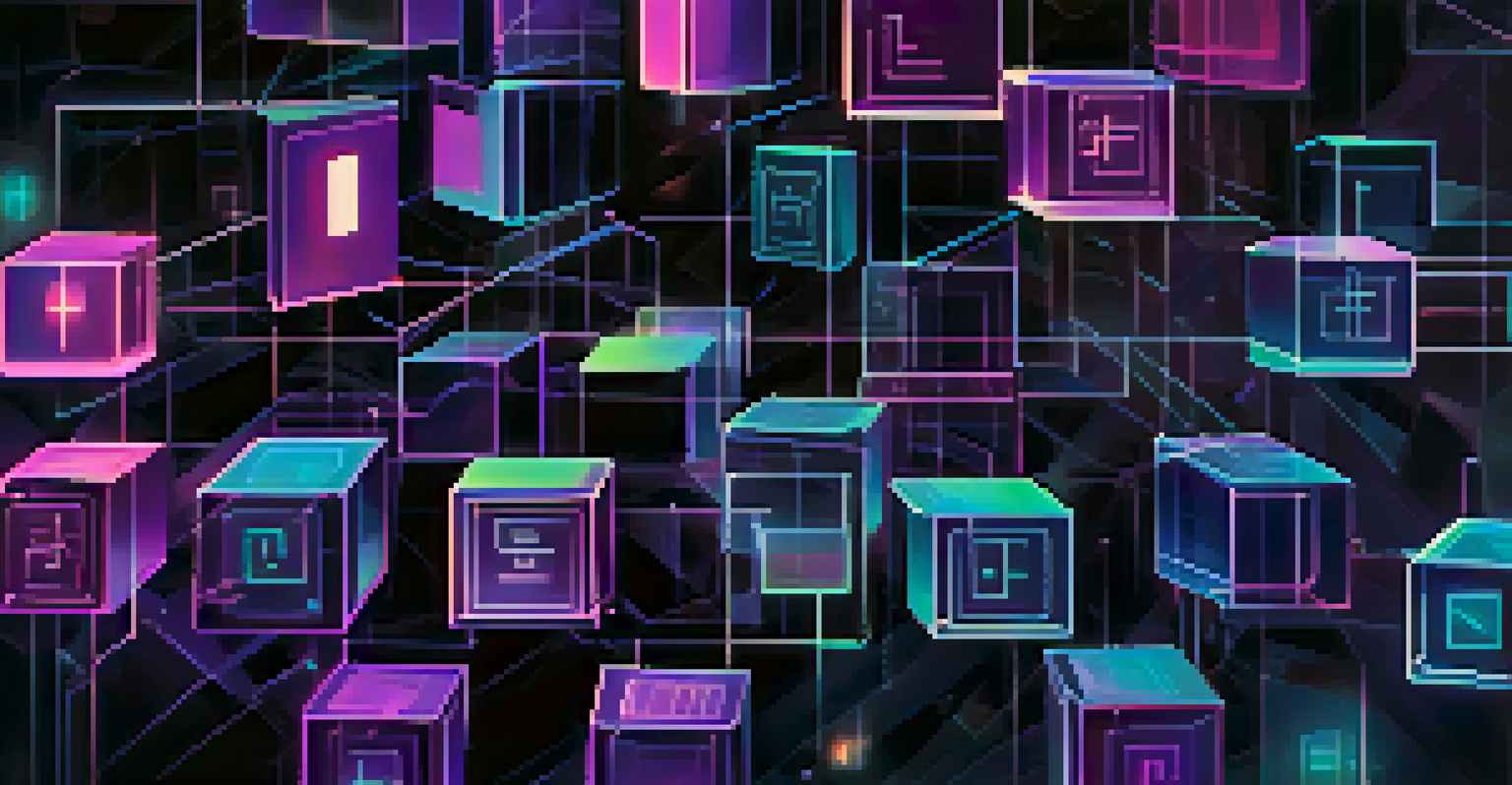 An abstract illustration of blockchain technology with glowing interconnected blocks and transaction symbols on a dark background.