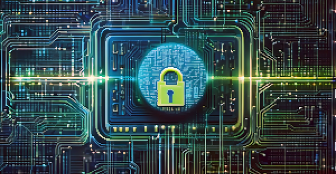 A digital lock represented by binary code with a blurred blockchain network in the background, illuminated in blue and green tones.