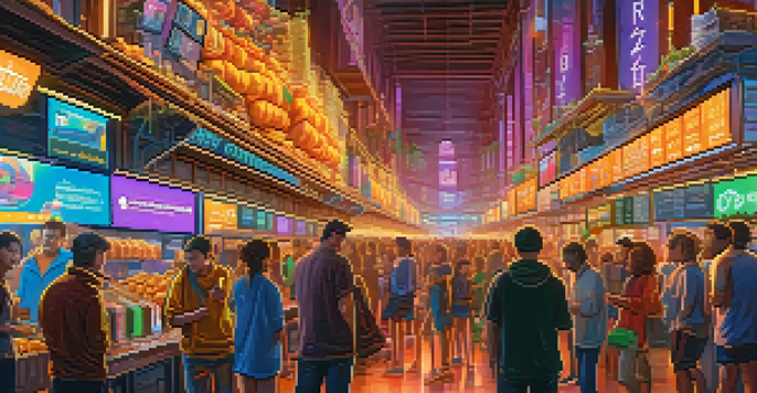 A lively digital marketplace where people are trading cryptocurrencies, with screens showing Bitcoin prices and colorful neon lights.