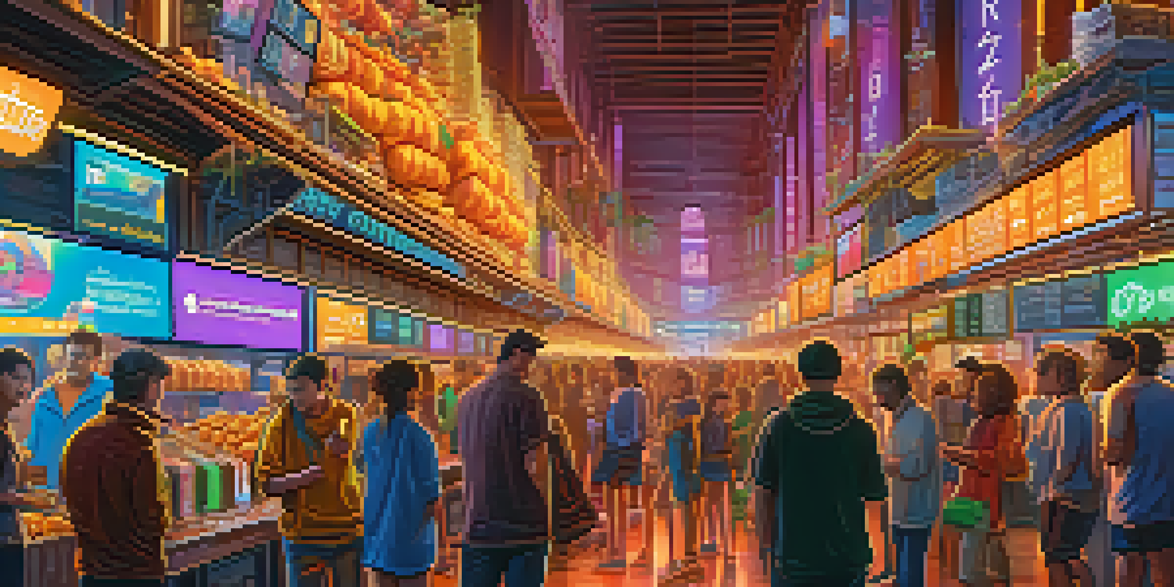 A lively digital marketplace where people are trading cryptocurrencies, with screens showing Bitcoin prices and colorful neon lights.