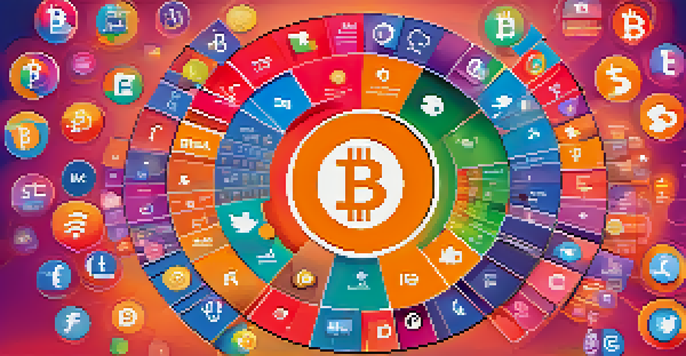 A colorful social media dashboard featuring Bitcoin hashtags represented in a pie chart, surrounded by social media icons.