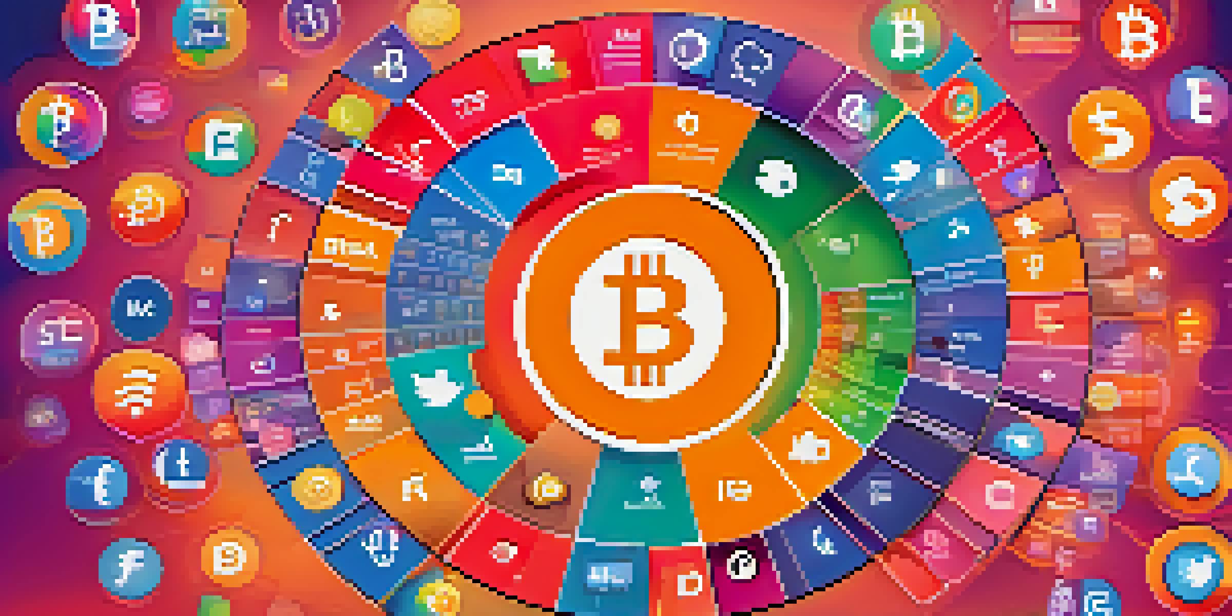 A colorful social media dashboard featuring Bitcoin hashtags represented in a pie chart, surrounded by social media icons.