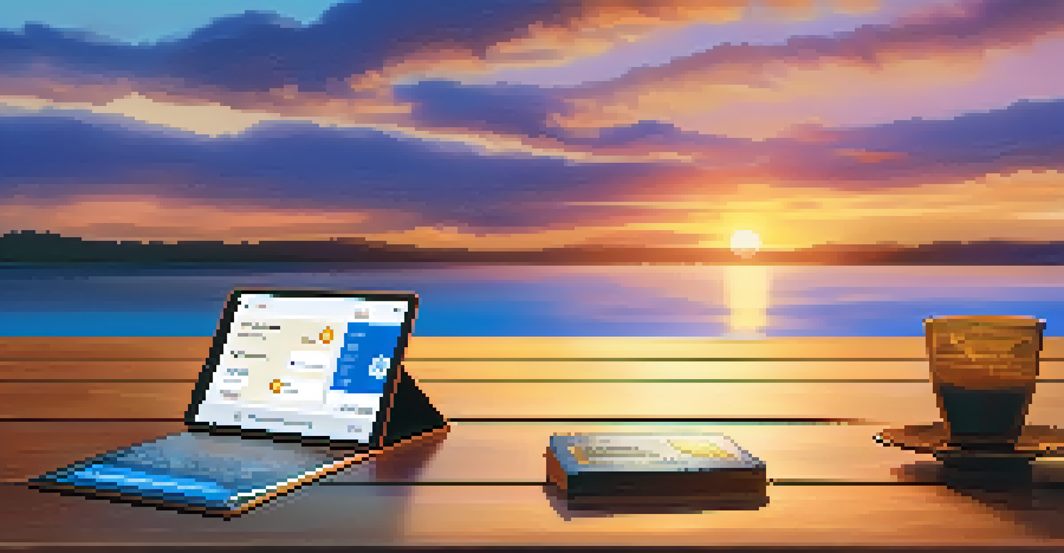 A digital wallet displaying Bitcoin icons on a wooden table with a sunset background, symbolizing the future of digital currency.
